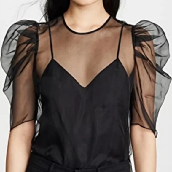 cinq a sept Tops - Cinq a Sept Erin Silk Organza Ruched-Sleeve Top black XS